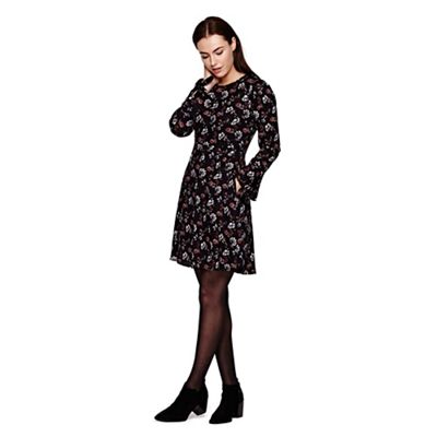 Yumi Black Floral Printed Long Sleeve Shift Dress